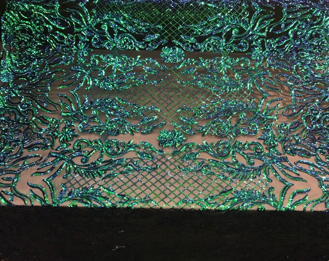 NEW Green Design sequins 4 way stretch on A MESH lace Sold By the yard for decorations fashion wedding prom dresses, tablecloths night gowns