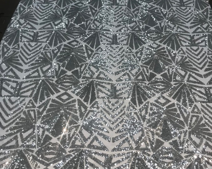 Luxury Geometric (Silver) Sequins 4 WAY Stretch ON A (White) Mesh Lace Fabric By The Yard. For Dresses,Night Gowns, Top Fashion, Tablecloths
