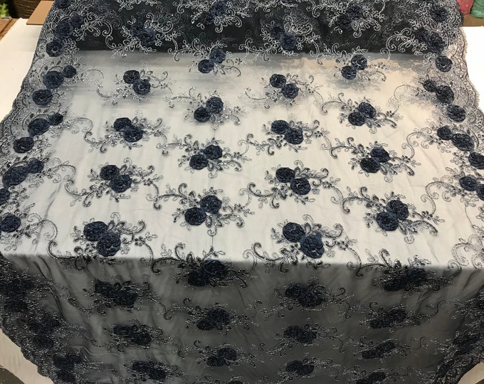Navy Blue Embroidered mesh lace Flower Design with sequins by the yard.Floral wedding prom dress,tablecloths, runners, skirts,customs, decor