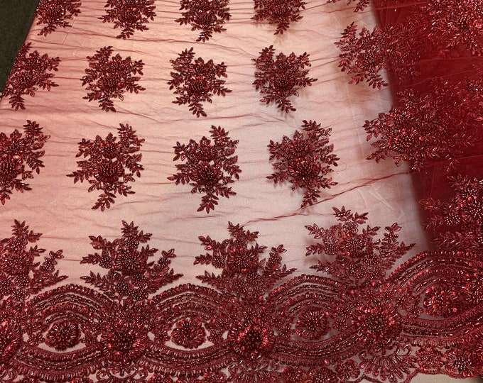 Burgundy Top Hand Beaded Embroidered Floral/Flower Mesh Lace Fabric With Glass Sequins By The Yard, For Decorations/Night Gowns/ Veil Dress.