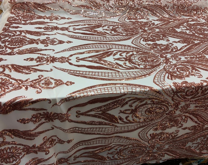 Royalty Iridescent (Rose Gold) Sequins 4 Way Stretch Spandex Mesh Fabric By The Yard/ Embroidery Fabric/ Prom Lace/ Wedding Dress/