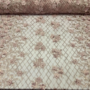 Dusty Rose_ Floral 3D Flowers // Mesh 2 WAY Stretch// Beaded Mesh Lace Embroider Lace Fabric By The Yard//Veil// Gowns/ costumes/Prom Dress