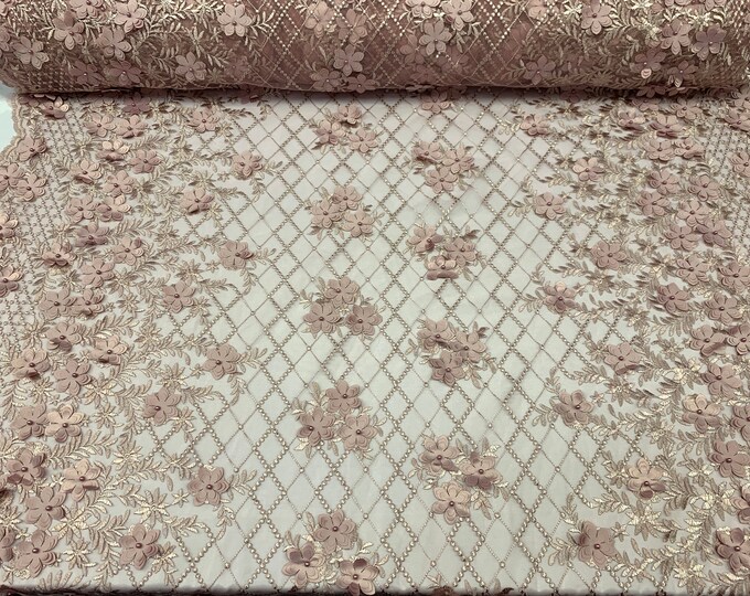 Dusty Rose_ Floral 3D Flowers // Mesh 2 WAY Stretch// Beaded Mesh Lace Embroider Lace Fabric By The Yard//Veil// Gowns/ costumes/Prom Dress