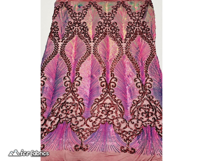 Modern Iridescent Burgundy 4 Way Stretch Sequin Fabric By The Yard | Spandex Fabric | Embroidery Lace on Power Mesh Fabric | 56” Wide