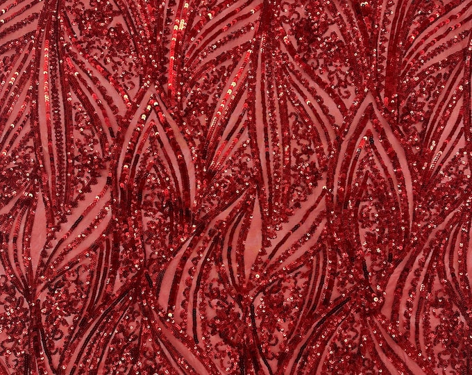 Red Damask Stretch Sequin Fabric By The Yards (MT) Embroidery Sequin Mesh Fabric Prom Dress Fabric