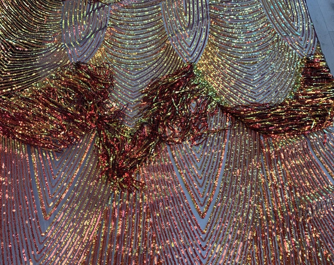 Dangle Design/ Iridescent Orange/ Embroidered Sequins Fabric By The Yard/ Sequins Dangle ON Stretch Tulle Mesh/ For Night Gowns/ Dresses/