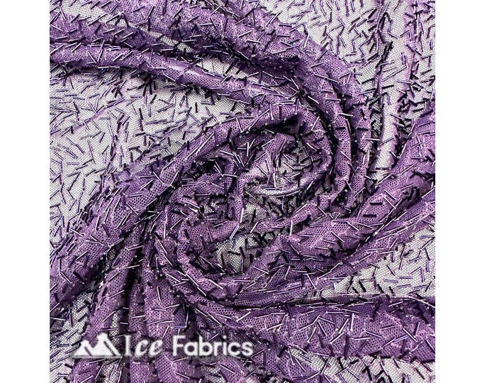 Plum 4-Way Stretch Embroidered Lace Beaded Fabric | Power Mesh by the Yard | Dangle Beaded Fabric
