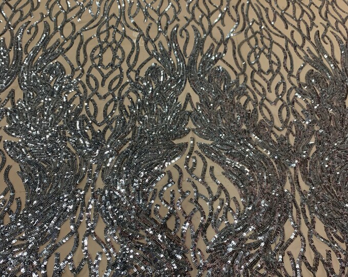 Neon Silver Iridescent Fabric- 4 Way Stretch SEQUIN FABRIC By the Yard- Nylon Spandex Nude Mesh Fabric- Embroidered Fabric- Lace Fabric
