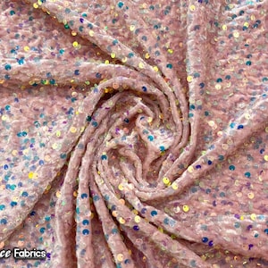 Emma 2 Way Stretch Velvet Sequin Fabric By The Yard | Embroidery Sequin On Spandex Velvet | Iridescent Dusty Rose | 60” Wide