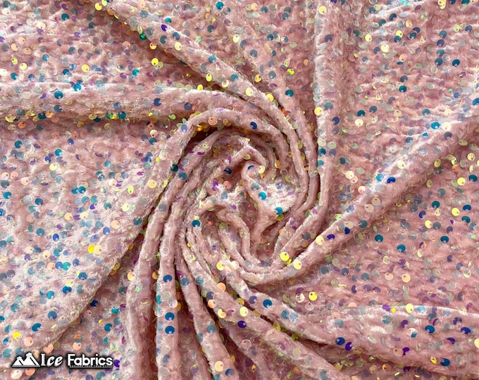 Emma 2 Way Stretch Velvet Sequin Fabric By The Yard | Embroidery Sequin On Spandex Velvet | Iridescent Dusty Rose | 60” Wide