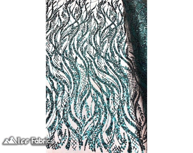 Hunter Green Beaded Lace Fabric By The Yard | Embroidered Mesh Sequin Fabric with Beaded Fabric | for wedding Dress, Prom Dress and more