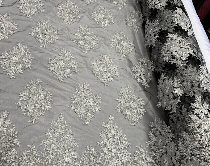 Black, White_ Floral Lace Fabric By Yard_ Embroidered Corded Metallic Flowers Mesh Lace Fabric With Sequins_ Dress,Gowns,Tablecloths,Costume