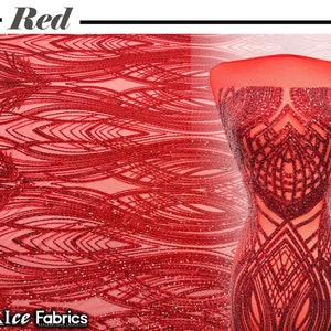 Peacock Red 4 Way Stretch Sequins Fabric  By The Yard  Red Mesh nylon Spandex Fabric | With Embroidery Sequin Lace