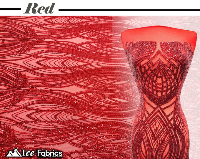 Peacock Red 4 Way Stretch Sequins Fabric  By The Yard  Red Mesh nylon Spandex Fabric | With Embroidery Sequin Lace