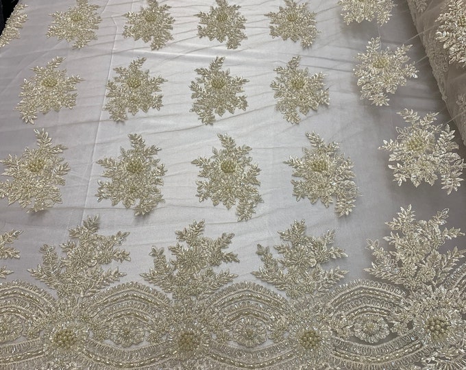 Ivory Hand Beaded Embroidered Floral/Flower Mesh Lace Fabric With Glass Sequins By The Yard,For Decorations/Night Gowns/ Veil Dress/Runners.