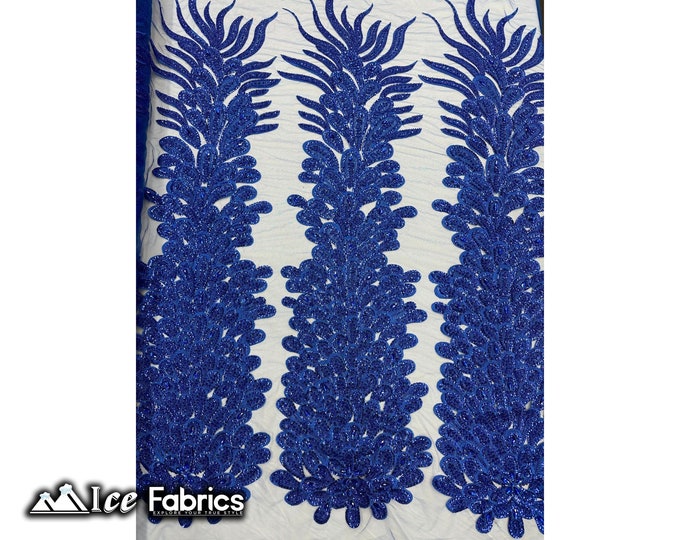 Royal Blue Peacock Feather Beaded Fabric sold by Panel | Embroidery Handmade Lace
