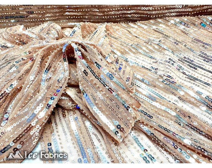 Champagne Stripe Sequin Fabric By The Yard | Embroidery Stretch sequin beaded fabric with Mesh Spandex