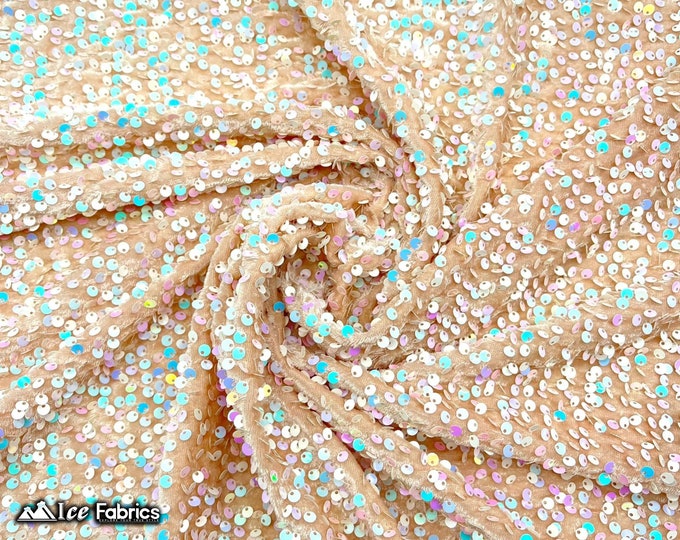 Emma 2 Way Stretch Velvet Sequin Fabric By The Yard | Embroidery Sequin On Spandex Velvet | Iridescent White on Nude Velvet | 60” Wide