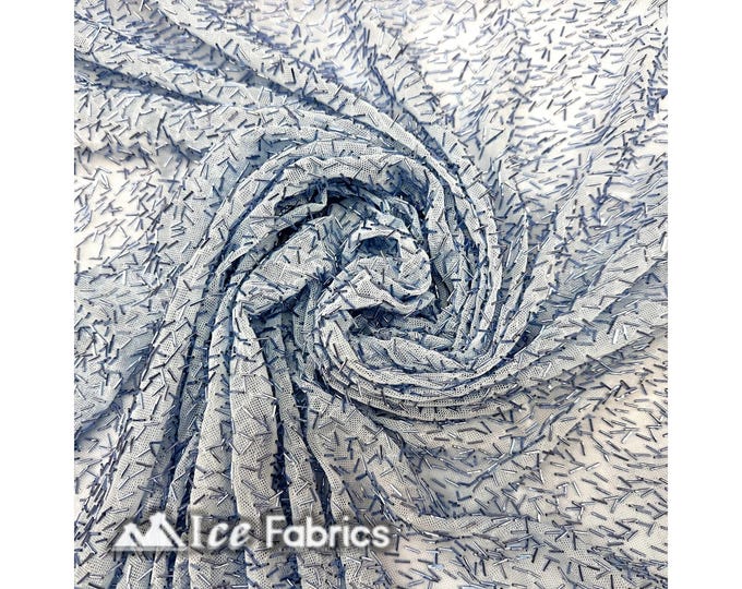 Light Blue 4-Way Stretch Embroidered Lace Beaded Fabric | Power Mesh by the Yard | Dangle Beaded Fabric