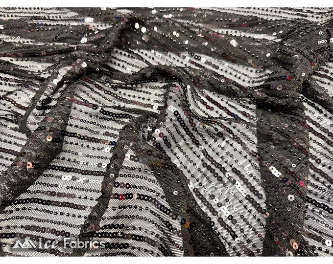 Black Stripe Sequin Fabric By The Yard | Embroidery Stretch sequin beaded fabric with Mesh Spandex