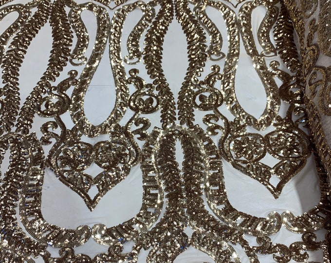 New Stretch SEQUIN FABRIC _ Gold _ Geometric Embroidered Fabric_ 4 Way Stretch Spandex Fabric on Mesh Lace Fabric