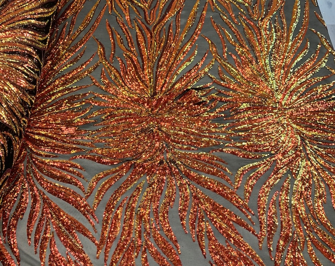Orange_ Bridal//Iridescent Spandex Mesh Lace Sequins Stretch Fabric By The Yard//4 Way Stretch Sequins Power Mesh Embroidered Fabric//Floral