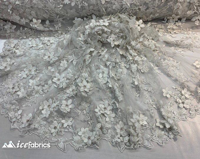 Luxury Beaded Fabric By The Yard_ 3D Flowers Lace Fabric On a Mesh (Ivory) Embroidered Floral Fabric/ Bridal Fabric
