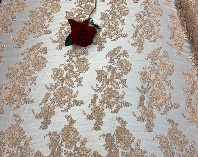 2 WAY Stretch FLOWERS/Mesh Lace Fabric By Yard/Peach Lace/ Embroidered Lace/Floral Lace/For Tablecloths/ Runners/Costumes/Dress/Skirts