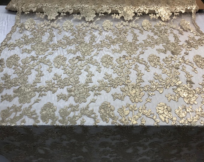 Gold Sequins bridal Fashion women wedding dress fabric decoration tablecloth jacket mesh lace prom dress Shop Flower Design by the yard.