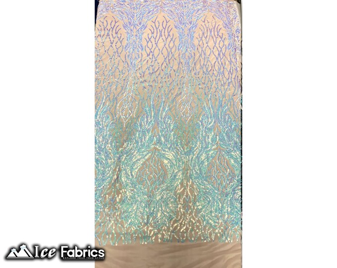 Tree Design Sequin Fabric By The Yard | Iridescent Baby Blue on Nude Mesh 4 way Stretch Spandex Fabric | Embroidery Lace on Mesh