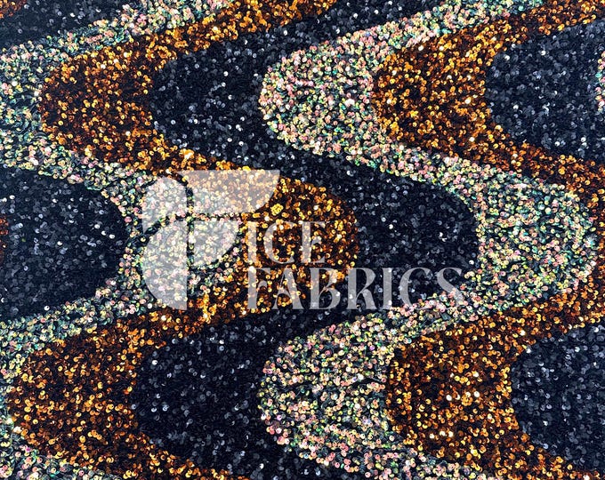 Wavy Sequin Stretch Velvet Fabric by The Yard - 60" Wide Gold black iridescent on Black Velvet for Apparel, Costume, Decor