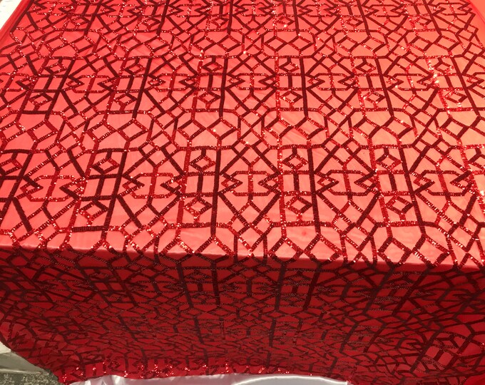 Red Sequins 4 Way Stretch On A Mesh Lace Embroidery Fabric Geometric Design For Tablecloths/Dresses/Night gowns/ Runners