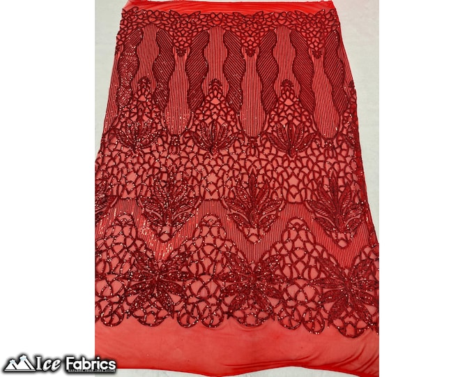 Red 4 Way Stretch Sequin fabric by the yard | Embroidery Lace Fabric On Mesh Spandex Sequin Fabric