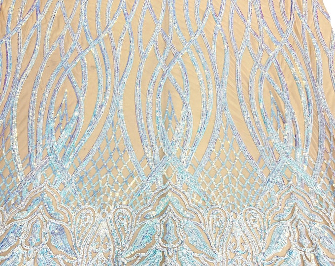Charlotte Sequin Fabric By The Yard | Iridescent Baby Blue 4 Way Stretch Fabric | Nude Spandex Mesh Fabric | 60" Wide Sequin Embroidery