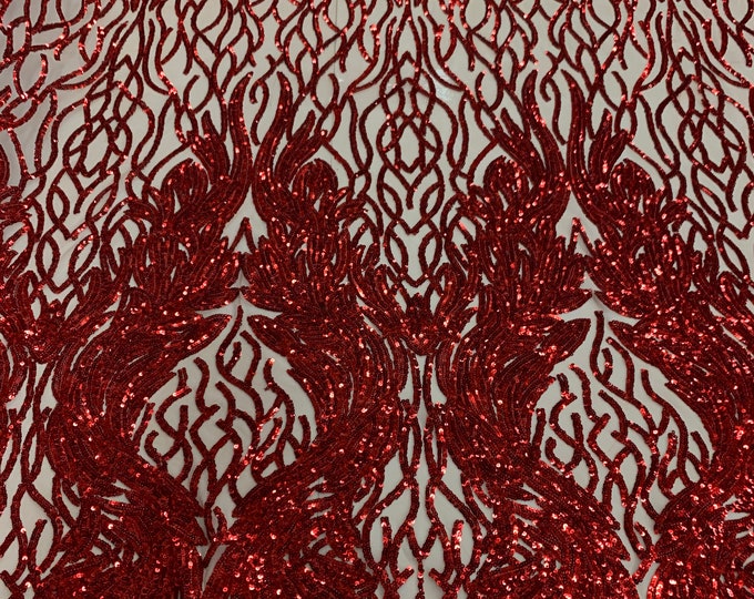 Red Iridescent Fabric- 4 Way Stretch SEQUIN FABRIC By the Yard- Nylon Spandex Nude Mesh Fabric- Embroidered Fabric- Lace Fabric