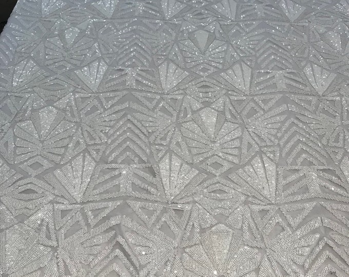 White Color Geometric Sequins 4 WAY Stretch ON A Mesh Lace Fabric By The Yard. For Dresses,Night Gowns, Top Fashion,Veil, Tablecloths,Skirts