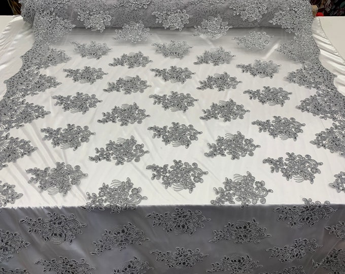Embroidered Mesh lace Floral Design (Silver/Gray) Fabric With Sequins By The Yard/For Tablecloths/Runners/Skirts/Costume/Dresses/ Decoration