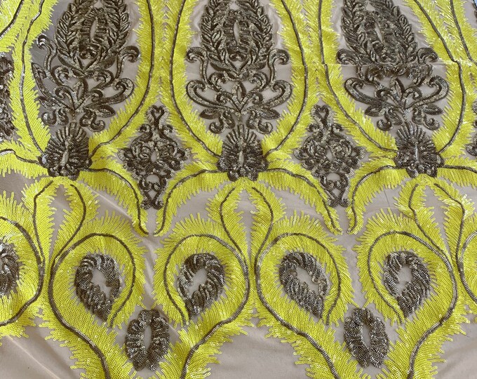 Yellow// French Luxury Sequins 4 WAY Stretch Sequins Spandex Power Mesh Lace Fabric Sold By The Yard// Embroidered Floral Lace//Dresses