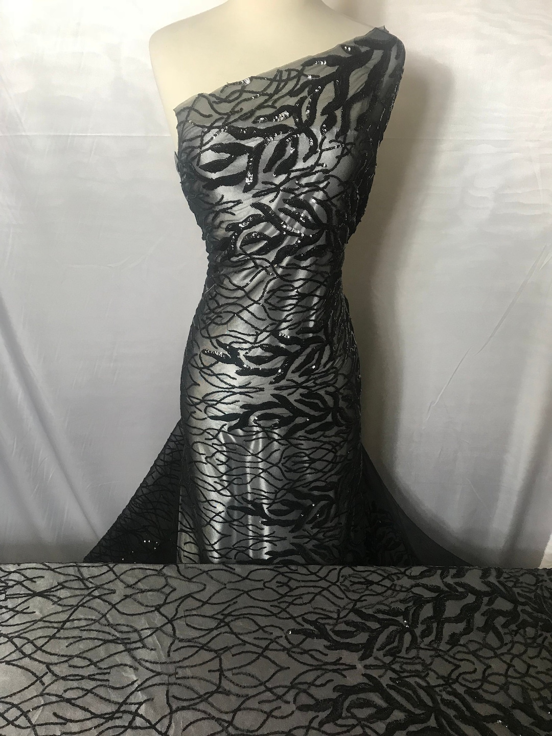 Fringe Sequins Design On A Black 4 Way Stretch Mesh Prom Fabric (1 Yard, Rose Gold) main image 1
