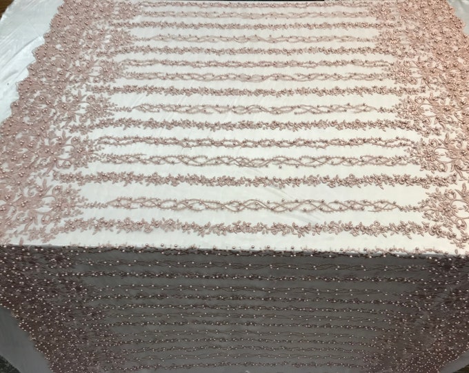 Dusty Rose Design Beaded Fabric,Lace Fabric By The Yard-Embroider Beaded For Bridal-Floral Mesh Dress Lace Prom-Nightgown skirts runners