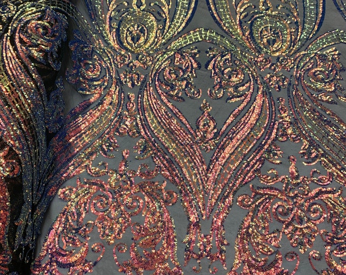 Orange Sequin Fabric By The Yard _ Iridescent Stretch Sequins Fabric_ Embroidered Fabric_ Spandex Fabric_ Black mesh Fabric_ Lace Fabric