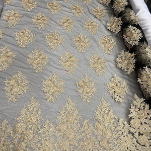 Black,Gold_ Floral Lace Fabric By Yard_ Embroidered Corded Metallic Flowers Mesh Lace Fabric With Sequins_ Dresses,Gowns,Tablecloths,Costume