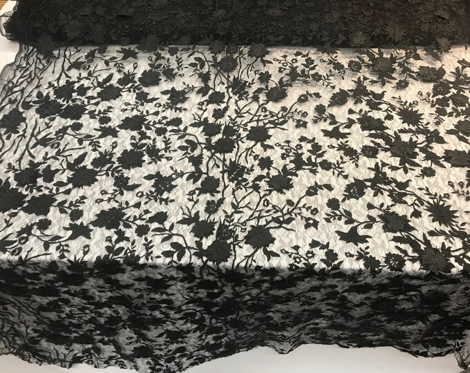 3D Flower(BLACK)Mesh Lace Leaf Embroidered by the yard. Veil Fashion Floral wedding prom dress,tablecloths, runners, skirts,customs, decor