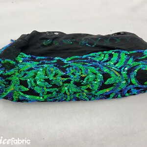 Mia Geometric Sequin Fabric By The Yard | 4 Way Stretch Fabric | Sequin Geometric Embroidery Fabric | Iridescent Green on Black Mesh image 6