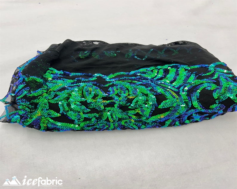 Mia Geometric Sequin Fabric By The Yard | 4 Way Stretch Fabric | Sequin Geometric Embroidery Fabric | Iridescent Green on Black Mesh image 6