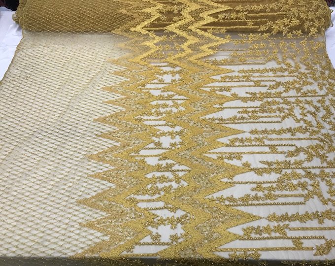 Yellow Transparent embroidered Beaded Design on Mesh Laces Fabric by the yard prom wedding dresses, decorations, tablecloths, top Fashion