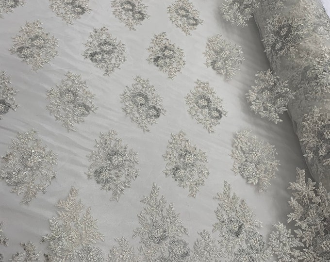 White,Silver_Floral Lace Fabric By Yard_Embroidered Corded Metallic Flowers ON Mesh Lace Fabric With Sequins_Dresses,Gowns,Clothing,Costumes