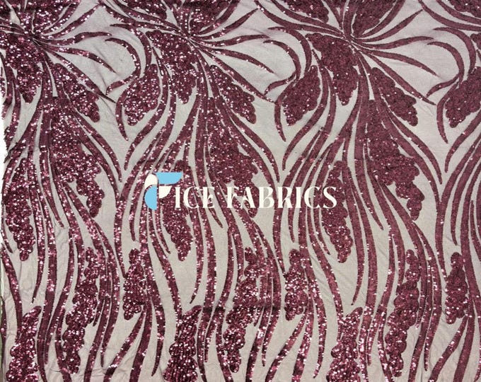Elegant Feather Burgundy Sequin Fabric By The Yard Stretch Mesh Spandex Fabric Sequin Mesh Fabric Wedding Dress, Prom Dress
