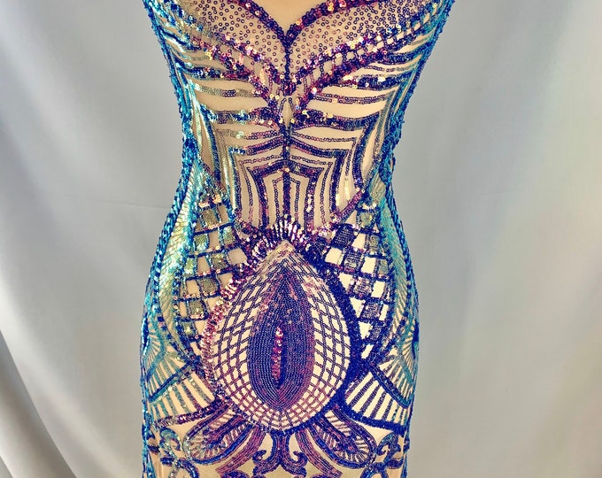 LUXURY Iridescent Embroidered 4 Way Stretch Sequins Fabric ON Blush Mesh Lace Fabric By The Yard (Sage/Purple/Lilac) Night Gowns, Prom Dress