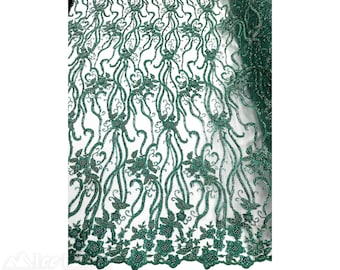 Hunter Green Floral Beaded Fabric By The Yard | Lace Fabric Embroidery Sequin Fabric with Beads on Mesh Fabric